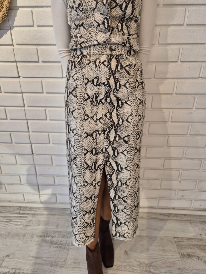Yüksek Bel Yılan Desenli Yırtmaçlı Etek
