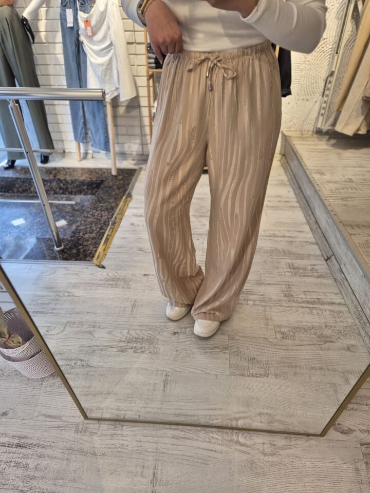 Bej Beli Lastikli Pantolon