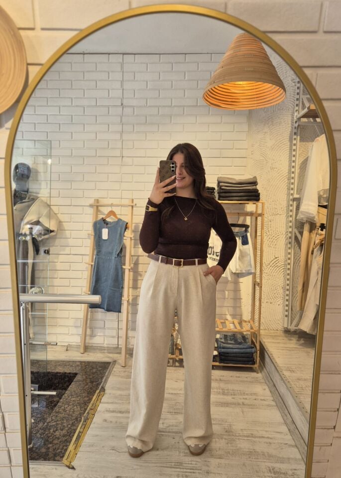 Yüksek Bel Palazzo Keten Pantolon