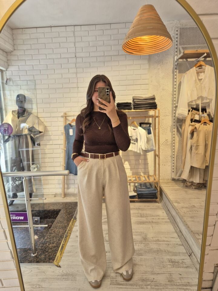 Yüksek Bel Palazzo Keten Pantolon