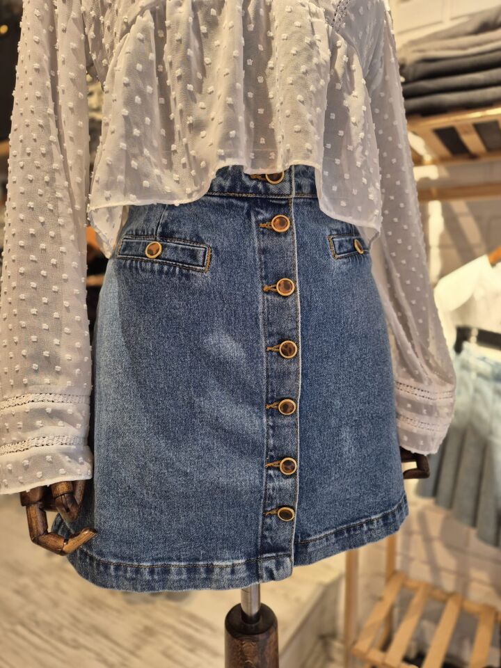 Düğme Detaylı Kot Etek