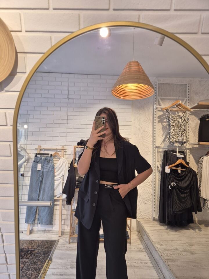 Siyah Kısa Kollu Yazılı İkili Takım