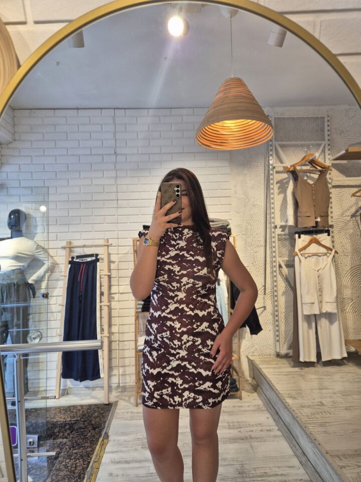 Desenli Kolsuz Mini Elbise