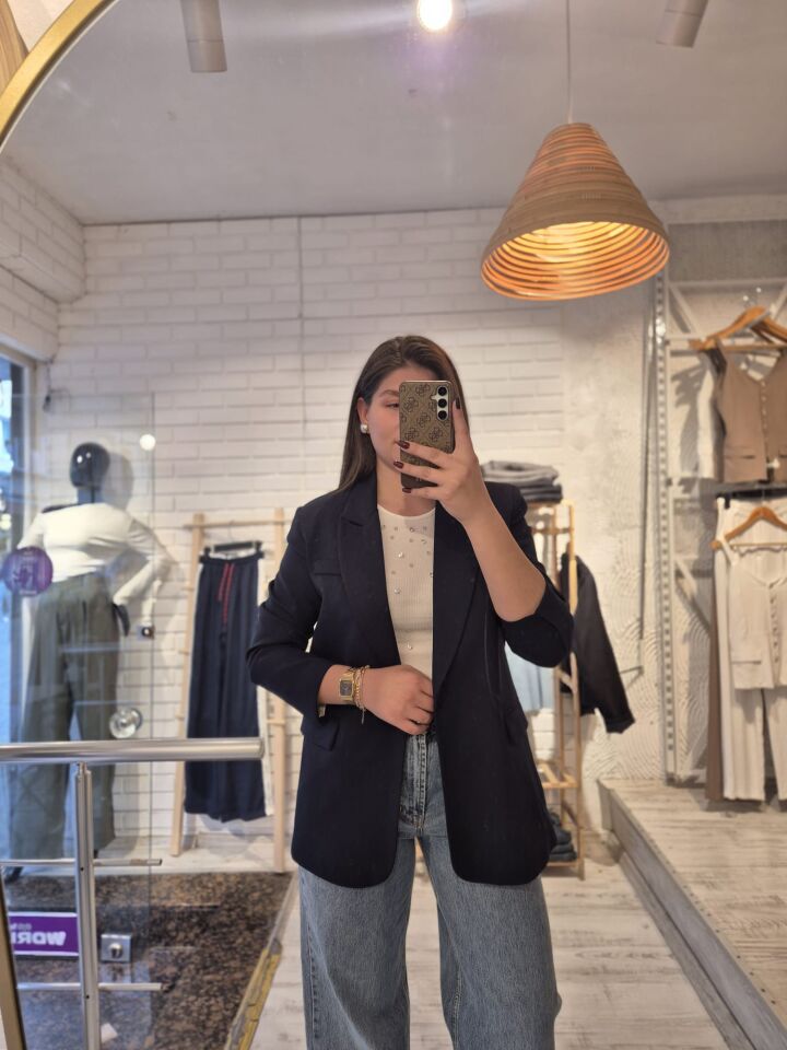 Lacivert Cep Detaylı Blazer Ceket