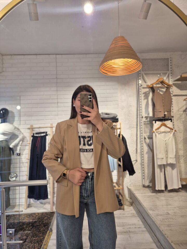 Camel Renk Çizgili Blazer Ceket