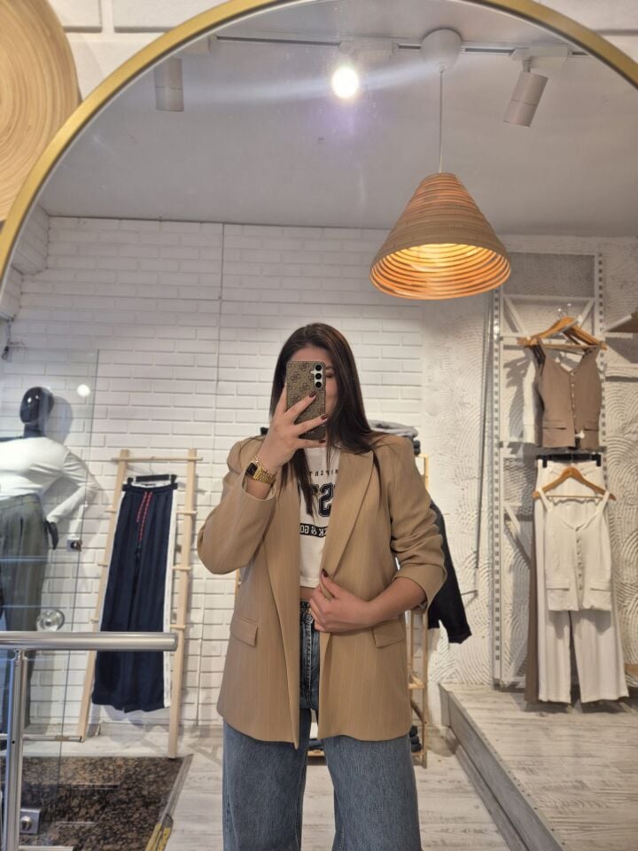 Camel Renk Çizgili Blazer Ceket