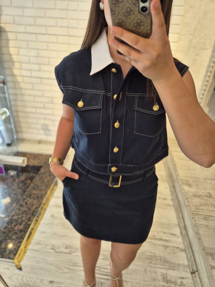 Lacivert Gold Düğmeli Gömlek