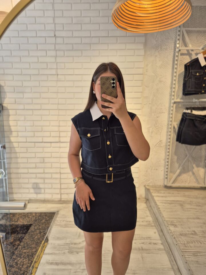 Beli Lastik Detaylı Lacivert Etek