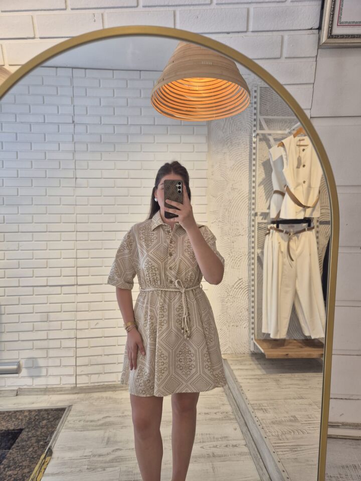 Etnik Desenli Düğmeli Gömlek Elbise Natural