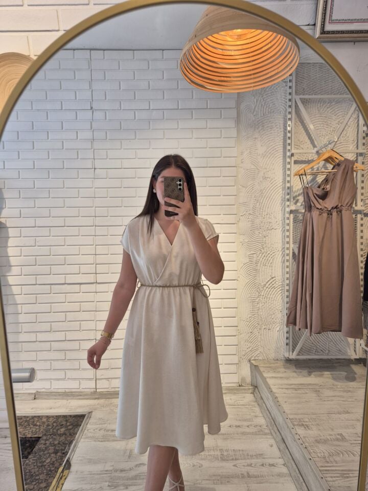 Keten Beli Lastikli Elbise