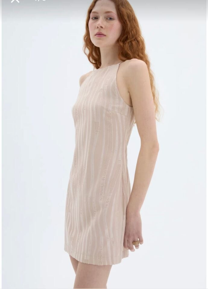Halter Yaka Dokulu Mini Elbise Bej