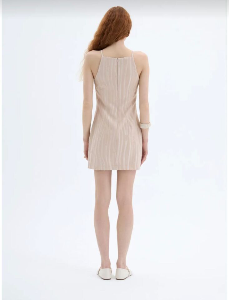 Halter Yaka Dokulu Mini Elbise Bej