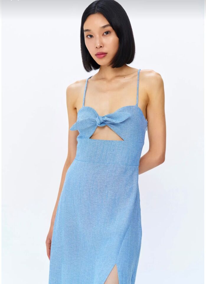 Sırtı İp Bağlama Detaylı Yırtmaçlı Elbise Mavi