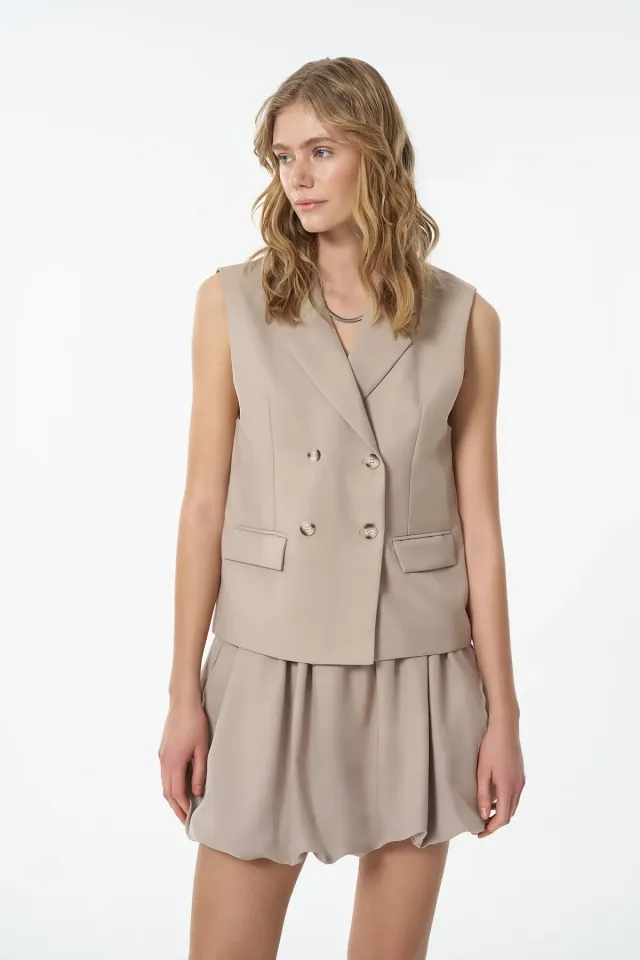 Kruvaze Yaka Düğmeli Yelek Ceket Bej