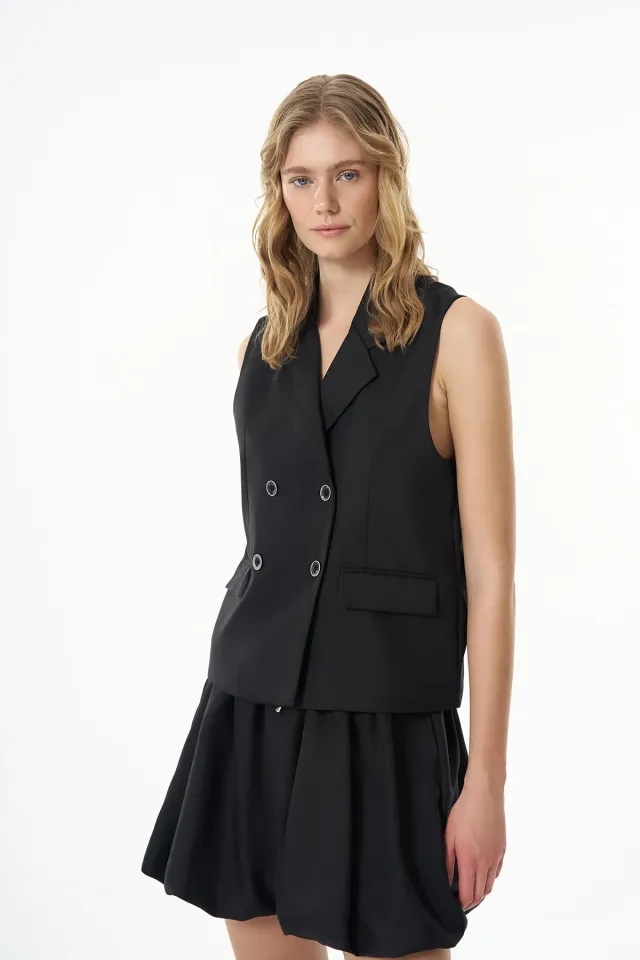 Kruvaze Yaka Düğmeli Yelek Ceket Siyah