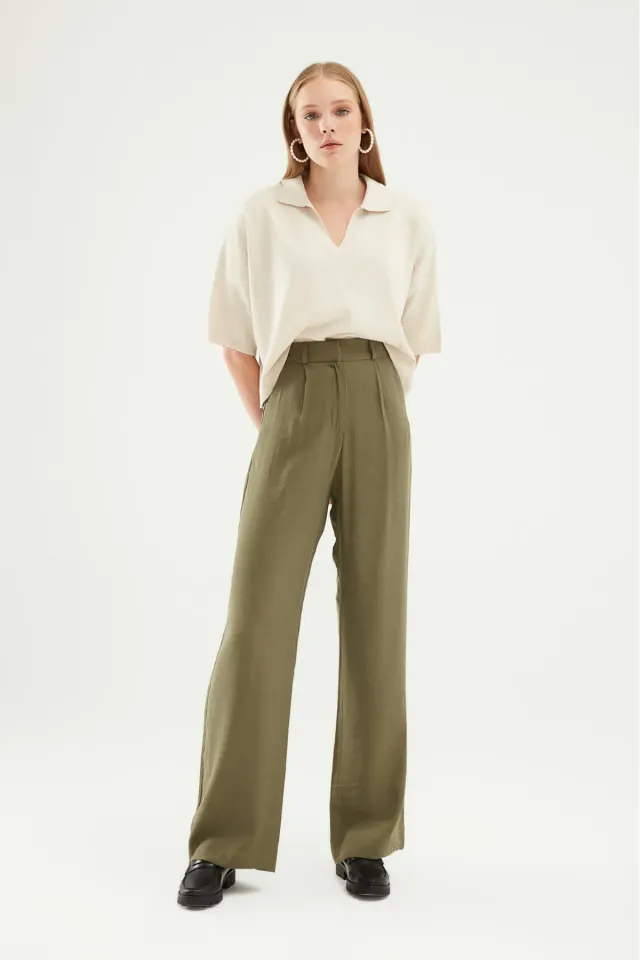 Yüksel Bel Bol Paça Pantolon Haki