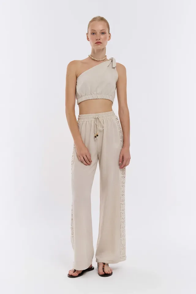 Kenarı Ajur Detaylı Keten Pantolon Naturel