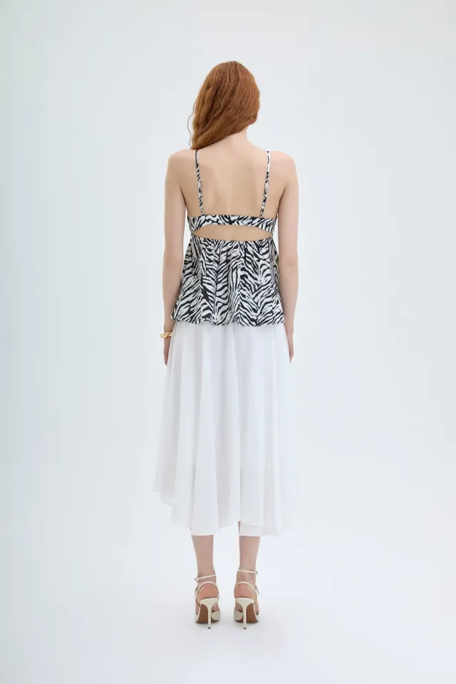 Zebra Desenli Sırt Dekolteli Askılı Bluz Siyah